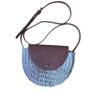 Straw Crossbody Bag Tan Faux Leather‎ Trim Shell Accent Summer Beach
